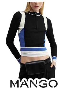 Mango | Color Block Ribbed Zip Neck Sweater Long Sleeve Top - Size L